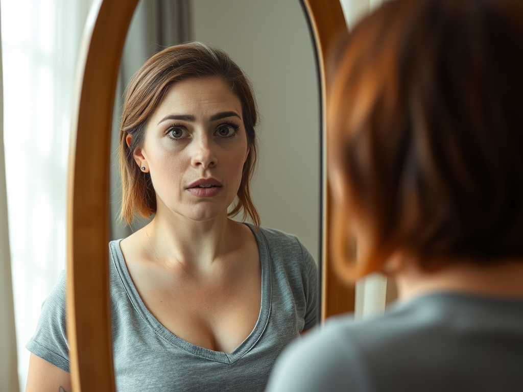 Woman with short brown hair gazing at her reflection in an oval mirror with a thoughtful expression