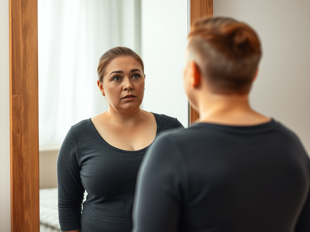 Woman with short hair looking at her reflection in a mirror with a contemplative expression