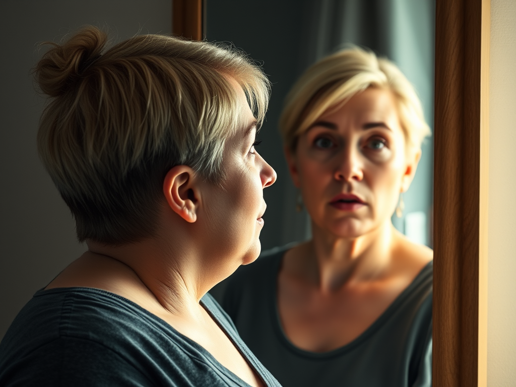 Woman with short blonde hair looking at her reflection in the mirror with a surprised and introspective expression