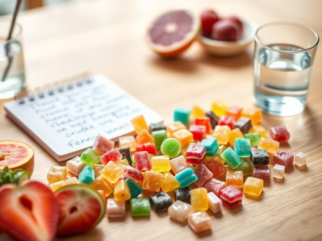 Colorful gummy vitamins on a wooden table, accompanied by a notebook, fresh fruit, and a glass of water.