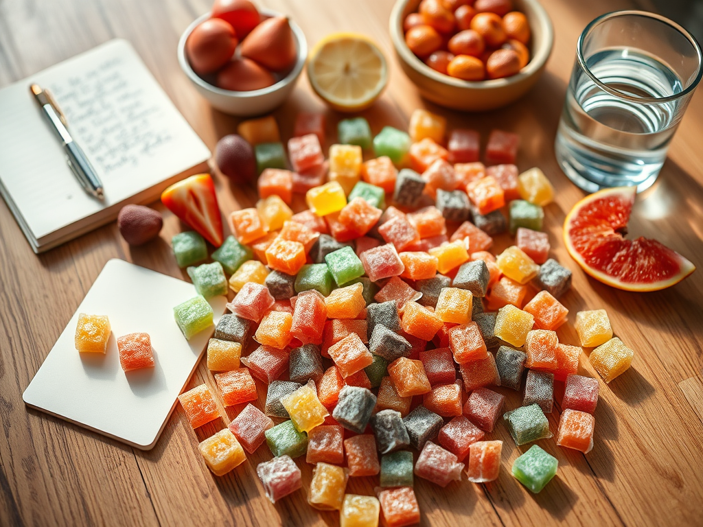 Assorted colorful gummy vitamins on a wooden table, accompanied by fresh fruit and a glass of water.