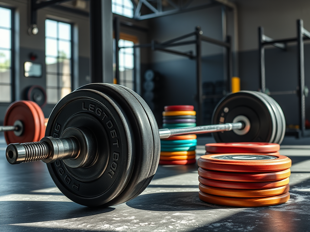 Loaded barbell with black and colorful weight plates in a sunlit industrial-style gym